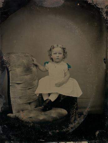 (19th CENTURY--TINTYPES) A group of 8 uncased tintype portraits of children and young men, a few elaborately hand-tinted.